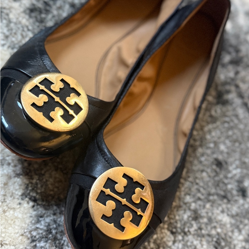 Tory Burch Black Flats with Gold Emblem